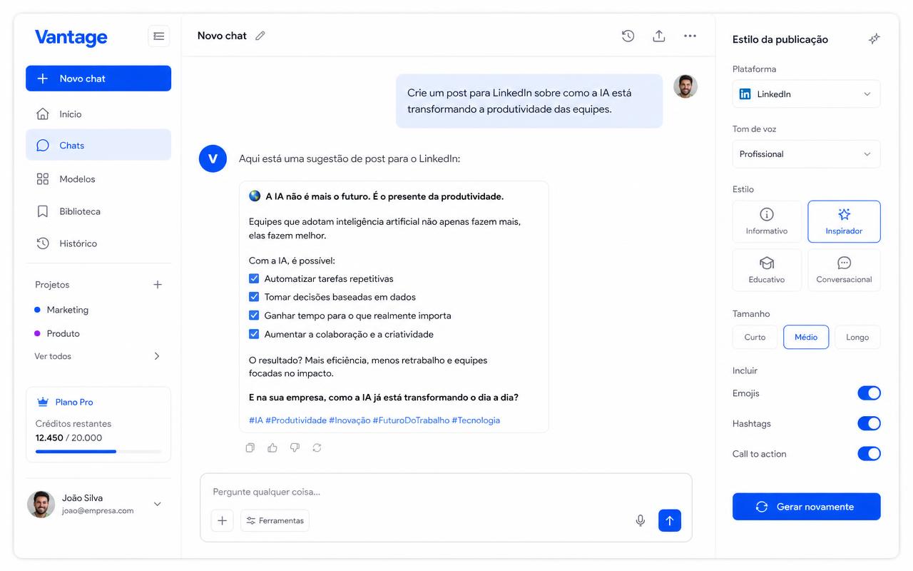 Tela do Vantage: Chat de conteúdo